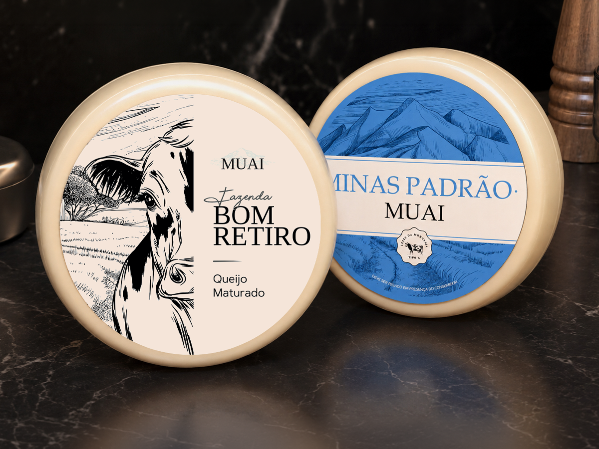 Design de embalagem para queijo minas Fazenda Bom Retiro da marca Muai - Nexus Design
