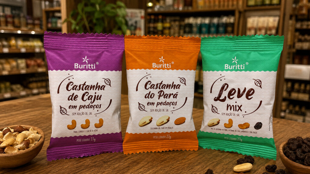Design de embalagem para castanhas Buritti Alimentos - Nexus Design