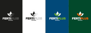 Variações do logotipo FertiPlus Brasil em fundos de cores diferentes