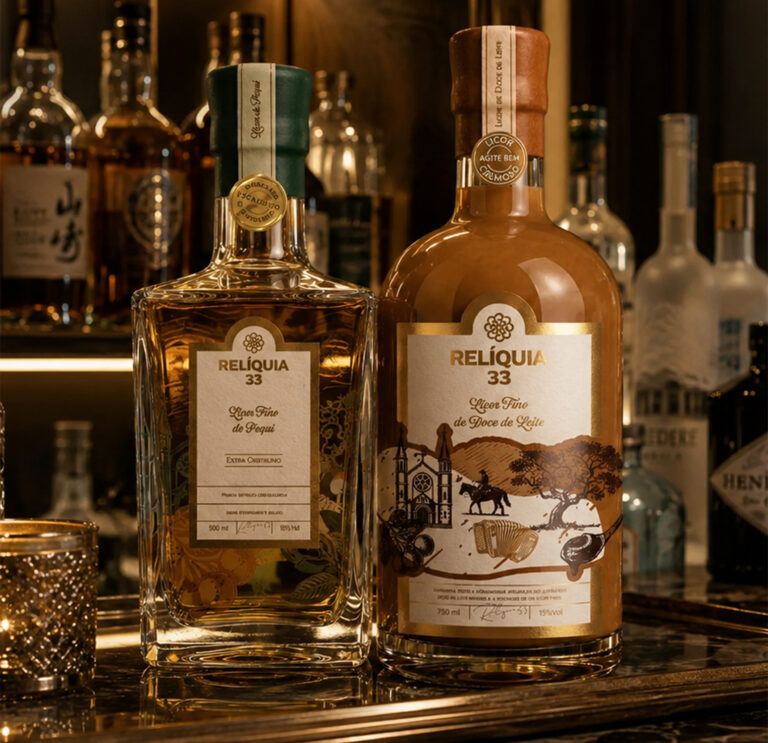 Duas garrafas do licor Relíquia 33 em bar