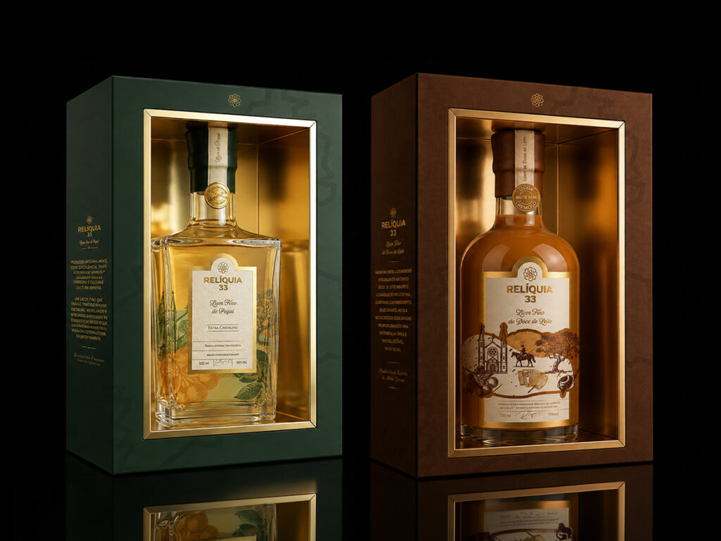 Design de embalagem e rótulo para o licor premium Relíquia 33 - Nexus Design